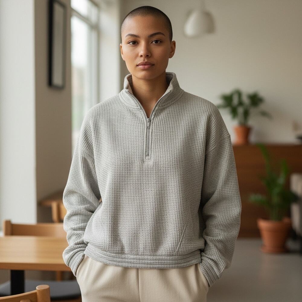 Aerie‎ CozyUp Waffle Knit Quarter Zip Sweatshirt Gray Cozycore Women's - Medium